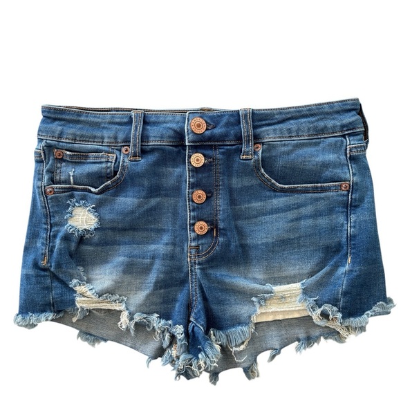 American Eagle Hi-Rise Shorties Shorts Super Stretch Size 8 Distressed Raw Hem - Picture 3 of 10